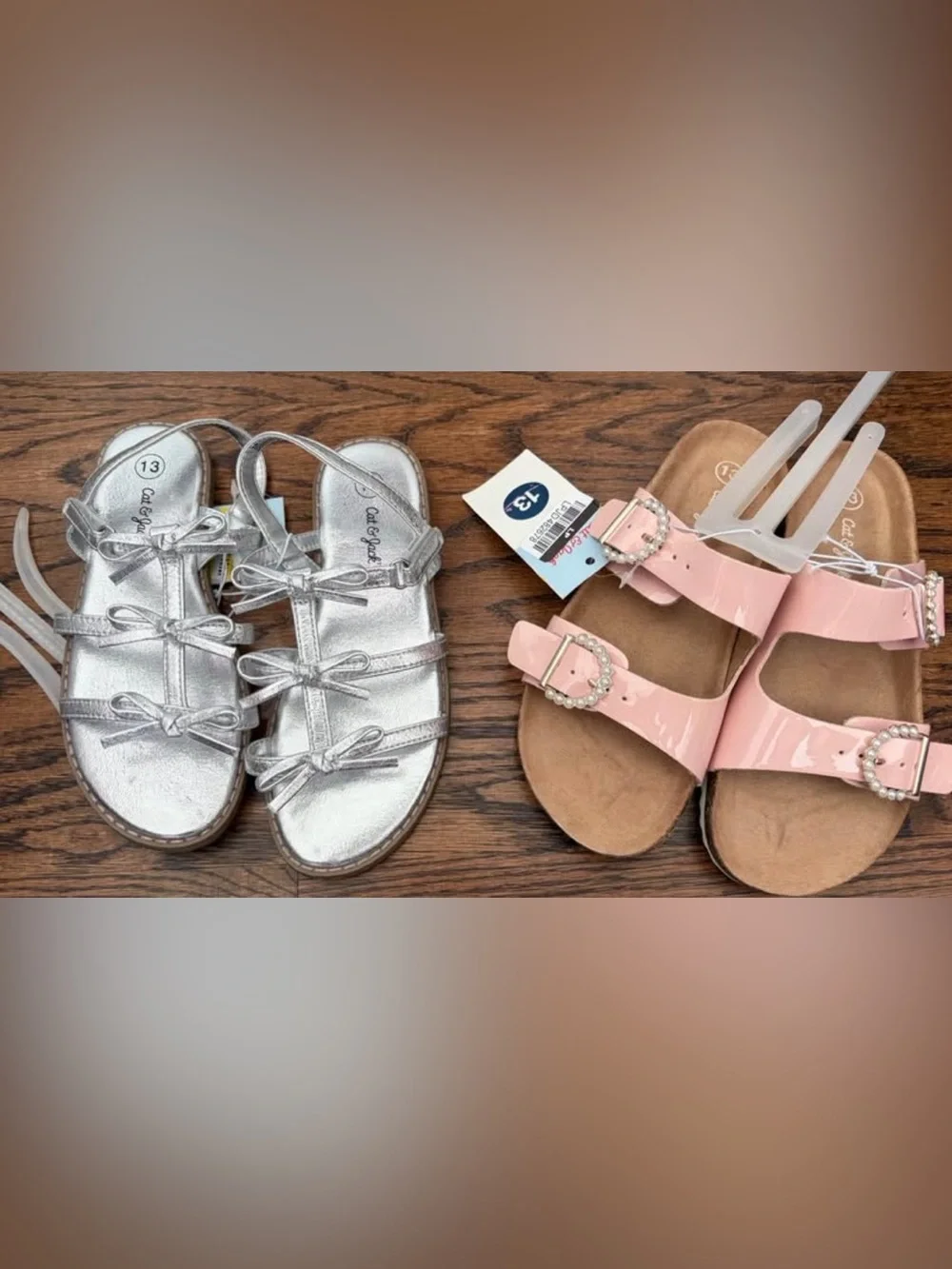 Cat & Jack Girls Silver Bow Sandals & Pink Buckle Slide Sandals